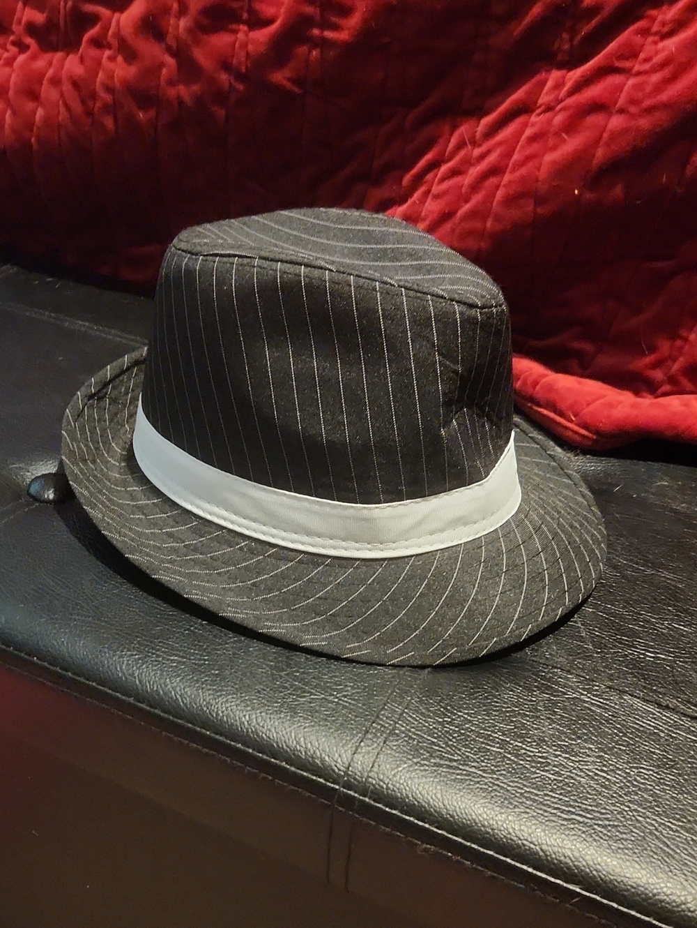 Classic Black Pinstripe Fedora with White Band